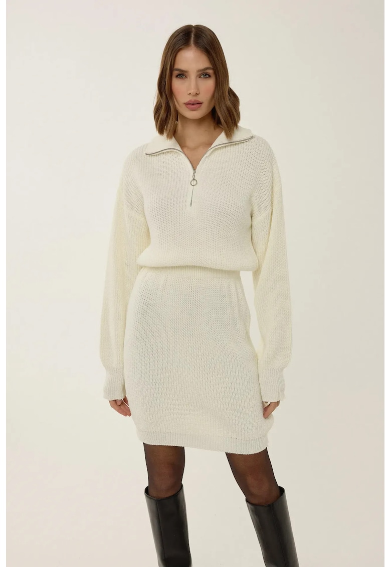 Rochie mini tricotata -  talie inalta - bej - jerseu