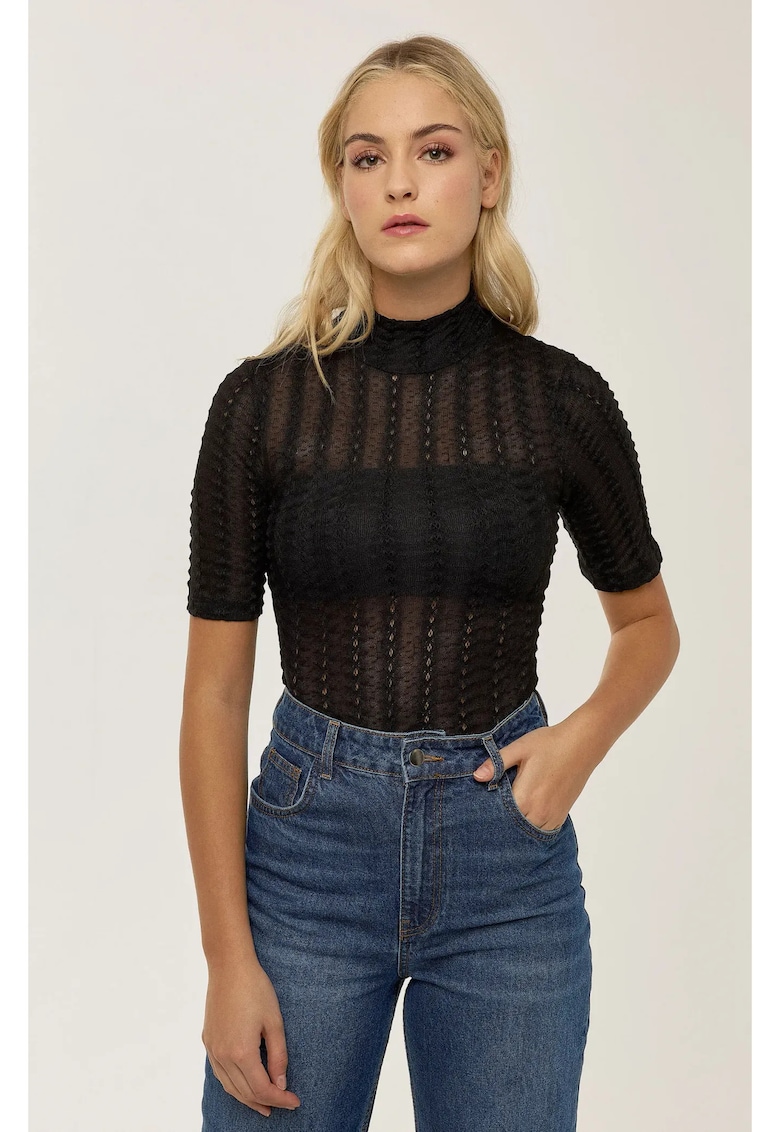 Top -  texturat cu guler inalt - negru - jerseu poliester - Negru
