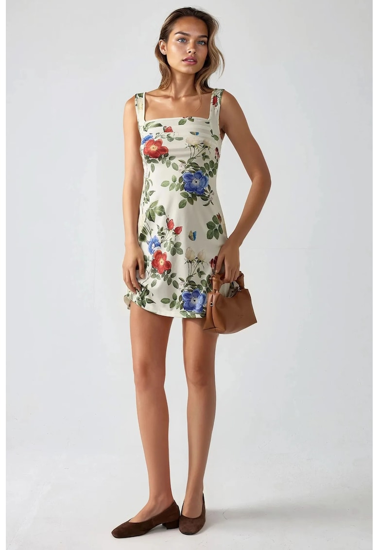 Rochie mini mulata  cu imprimeu - guler patrat - multicolor - jerseu - Multicolor