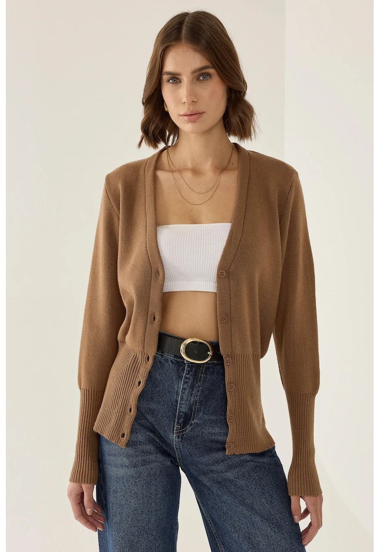 Cardigan -  tricotat semi-fit - decolteu in V - maro - acril