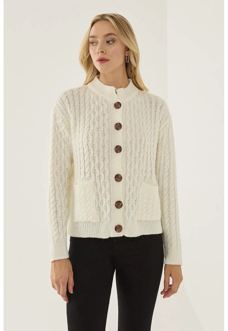 Cardigan tricotat texturat cu nasturi -  alb - acril