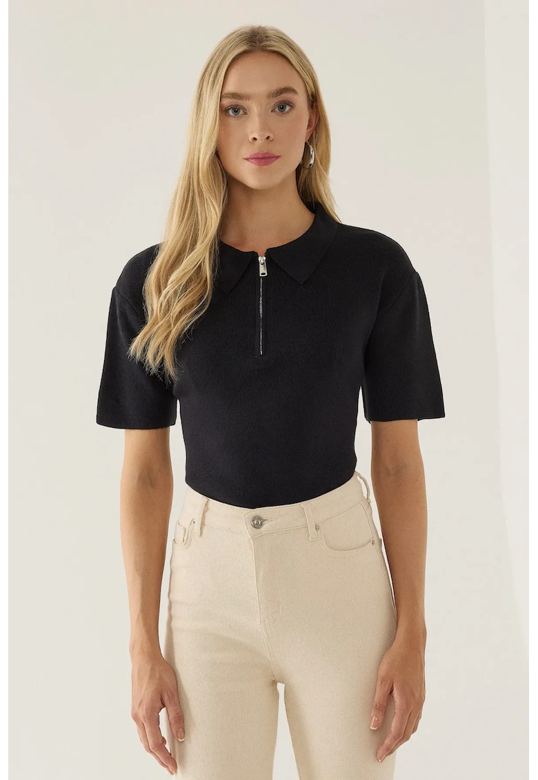 Pulover dama  guler polo - fermoar - albastru - acril