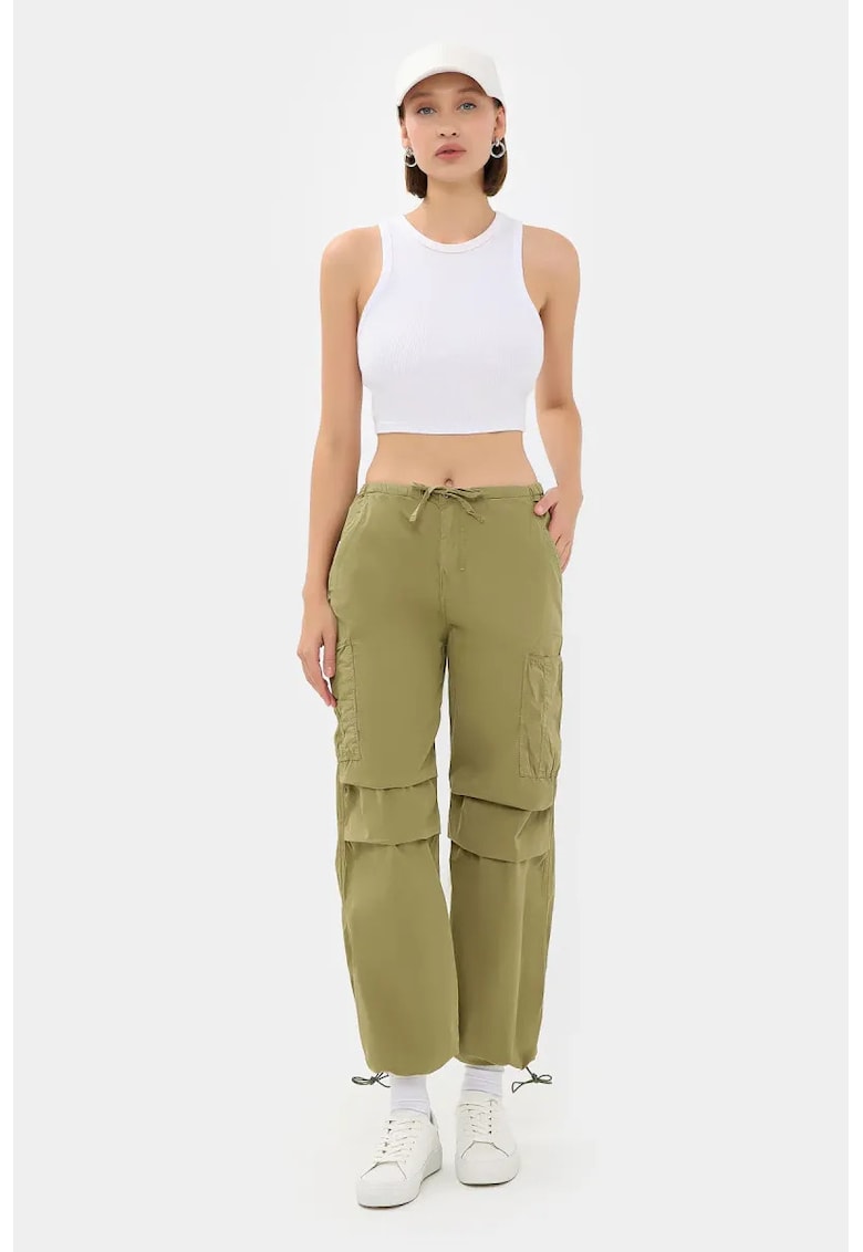 Pantaloni cargo -  talie medie - snur - verde - textil