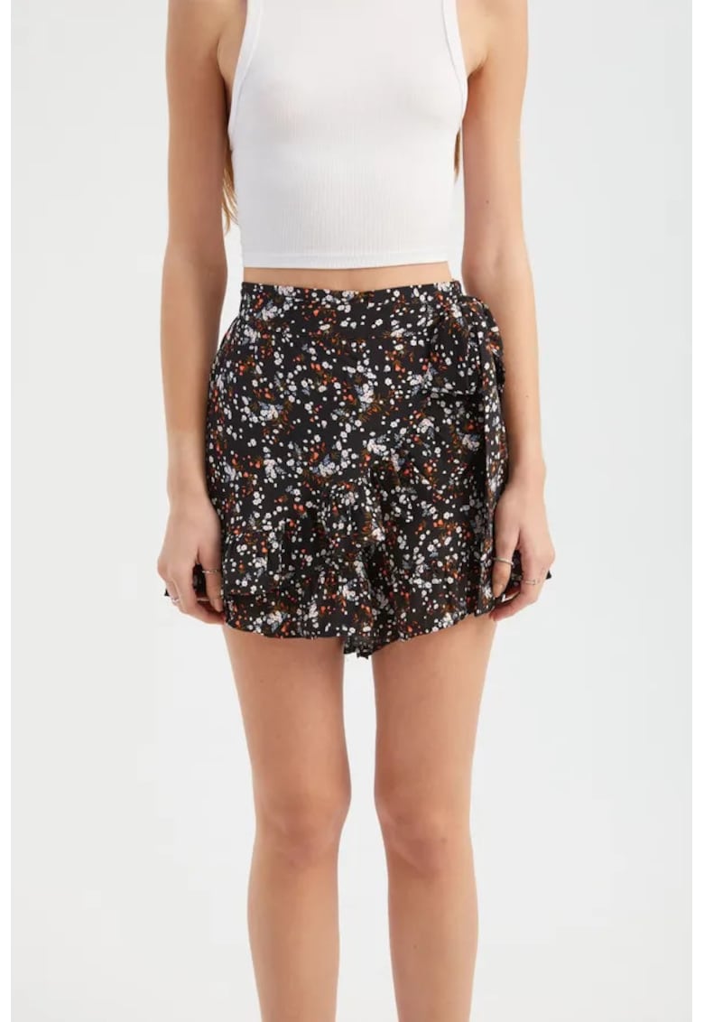 Pantaloni scurti dama -  talie inalta - imprimeu floral - negru - textil