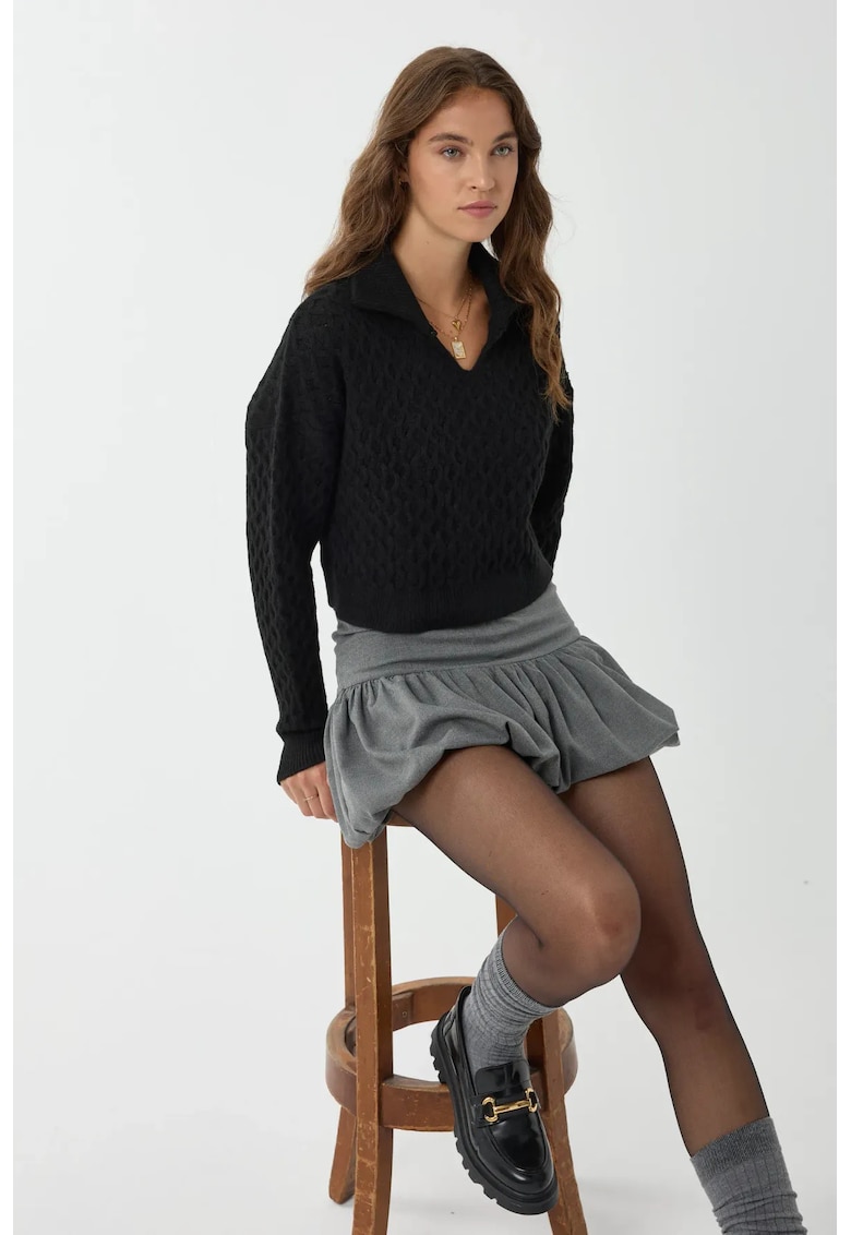 Pulover dama -  tricotat texturat cu guler camasa - negru - tricot