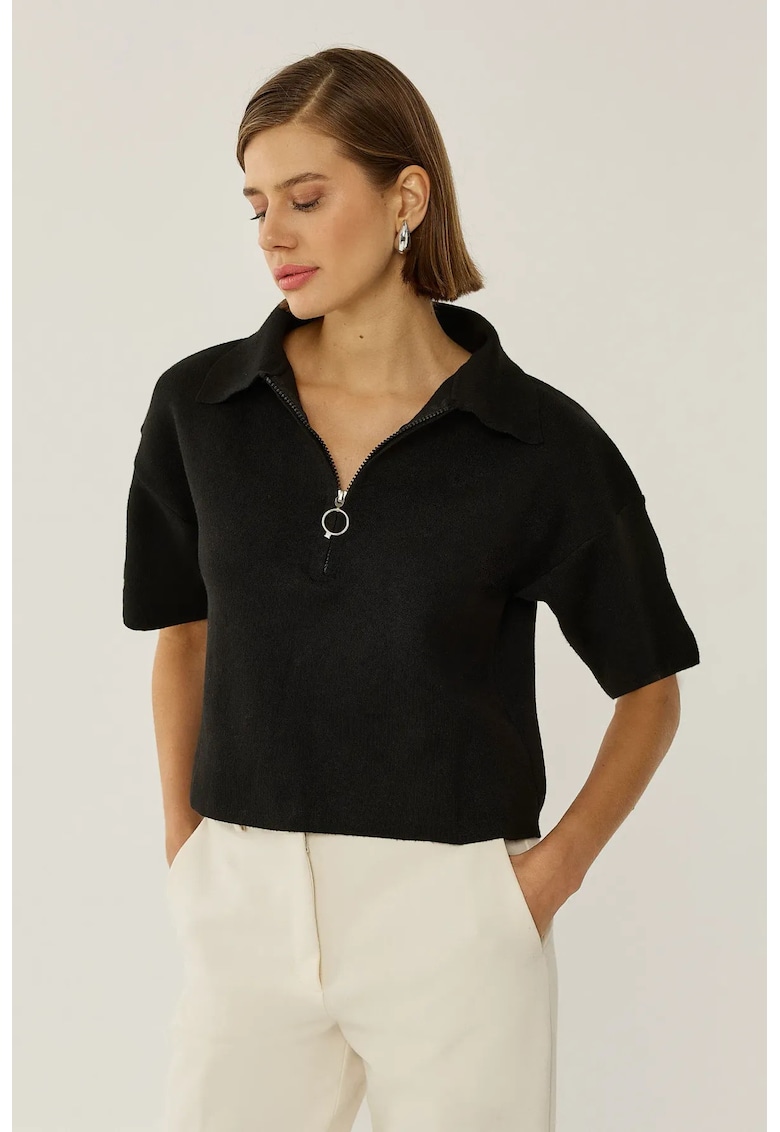 Pulover dama -  tricotat cu guler cu fermoar - slim fit - negru - acrilic