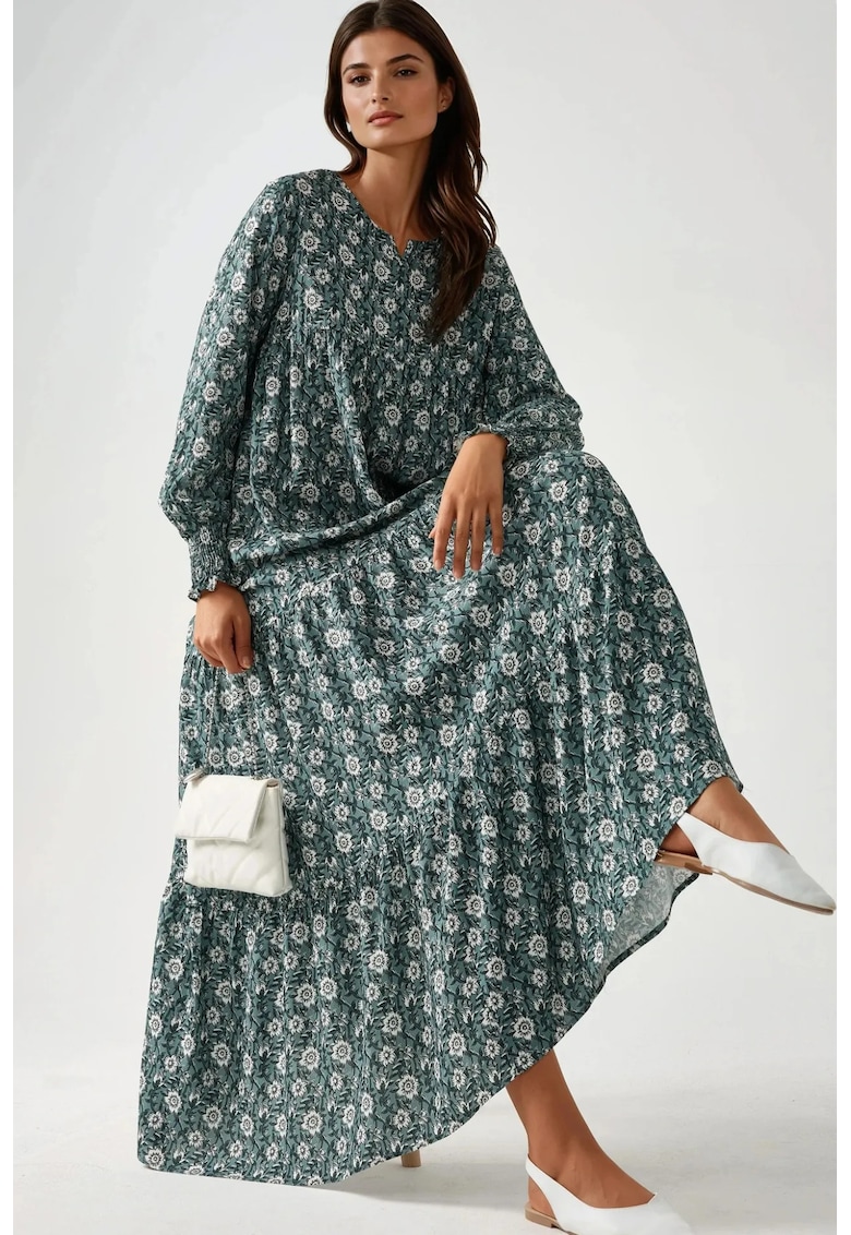 Rochie maxi  imprimeu - guler rotund - verde - viscoza
