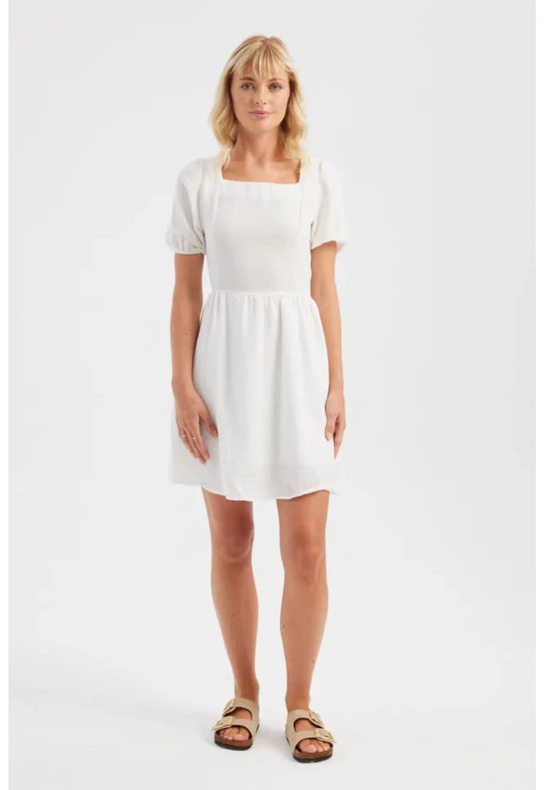 Rochie mini  maneca scurta - decolteu patrat - alb - material textil