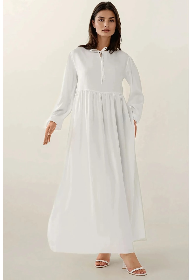 Rochie maxi -  croiala in forma de A - guler rotund - alb - textil