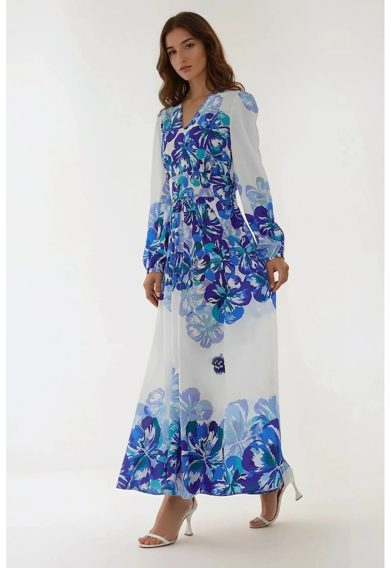 Rochie maxi -  decolteu in V - albastru - textil