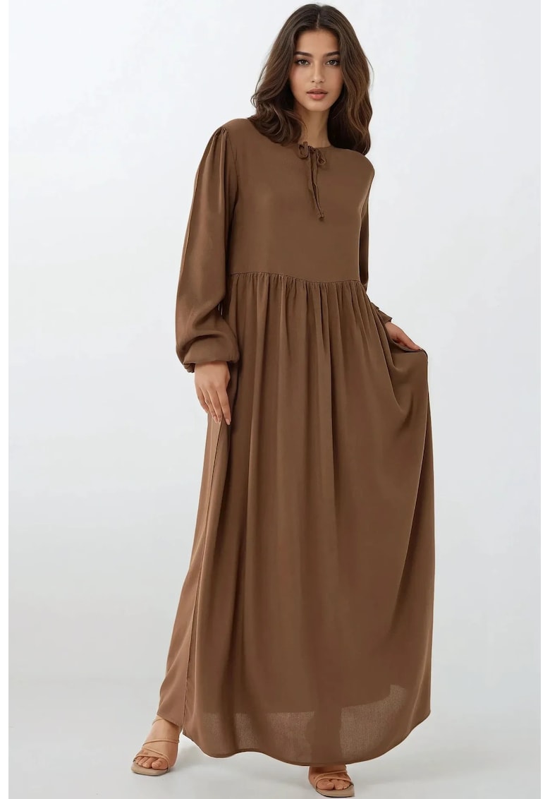 Rochie maxi -  croiala in forma de A - guler rotund - maro - textil