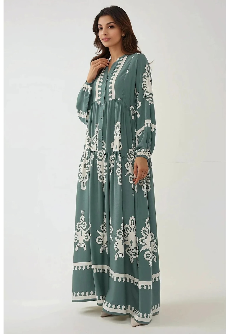 Rochie maxi  imprimeu - maneca lunga - verde - viscoza