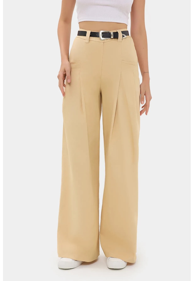Pantaloni dama -  plisati cu talie inalta - croiala larga - natur - poliester