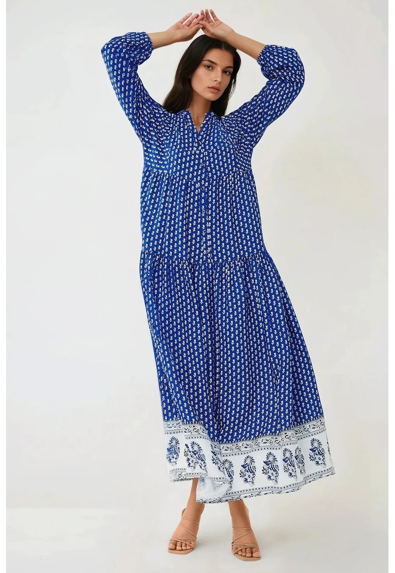 Rochie maxi -  imprimeu - decolteu in V - albastru - textil