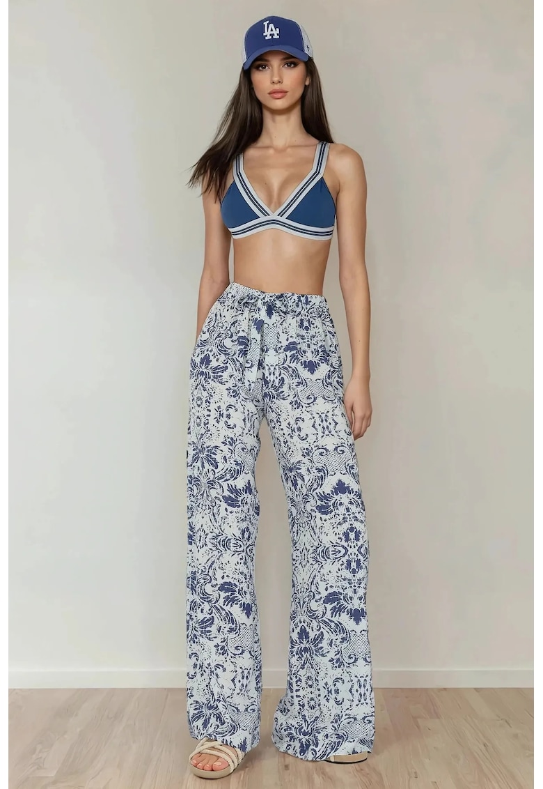 Pantaloni dama -  cu imprimeu - talie elastica - multicolori - bumbac