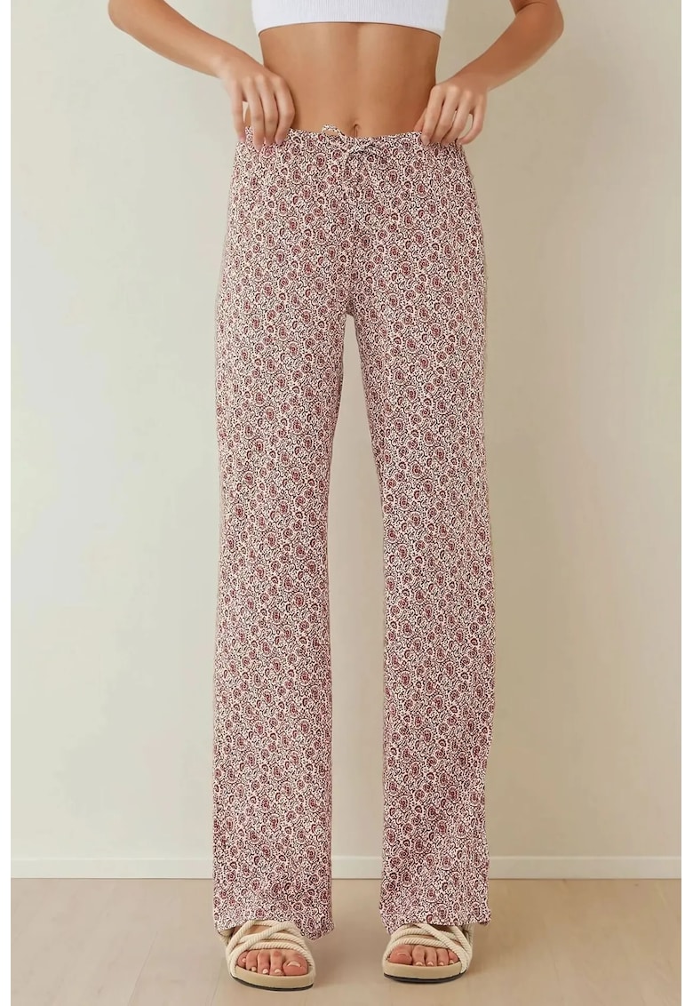 Pantaloni dama -  largi cu imprimeu - roz - poliester-elastan