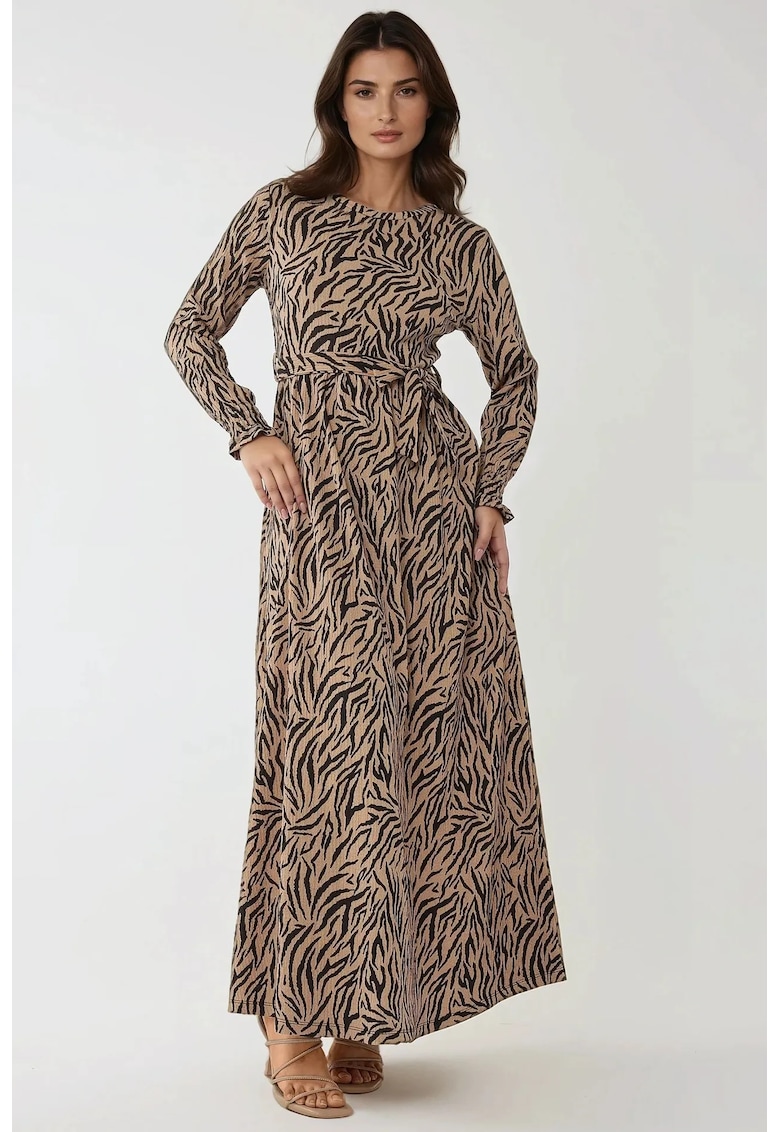 Rochie maxi -  guler rotund - imprimeu - maro