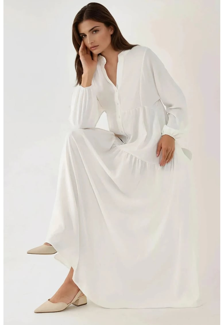 Rochie maxi -  texturata - decolteu in V - alb - textil