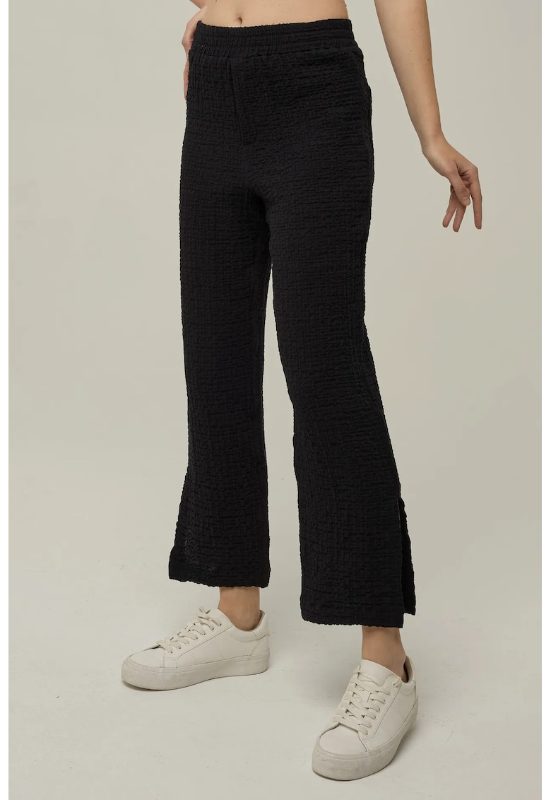 Pantaloni dama -  texturati - talie inalta - negru - bumbac-elastan