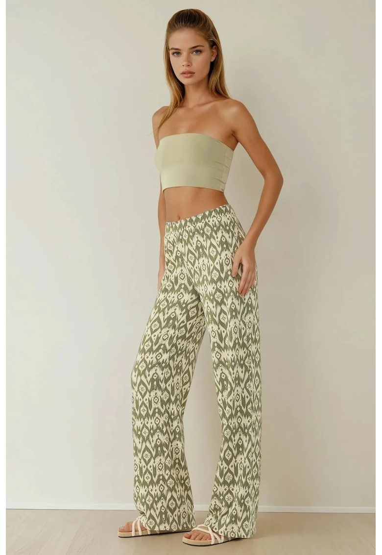 Pantaloni dama -  cu imprimeu - talie inalta - croi larg - verde - poliester-elastan