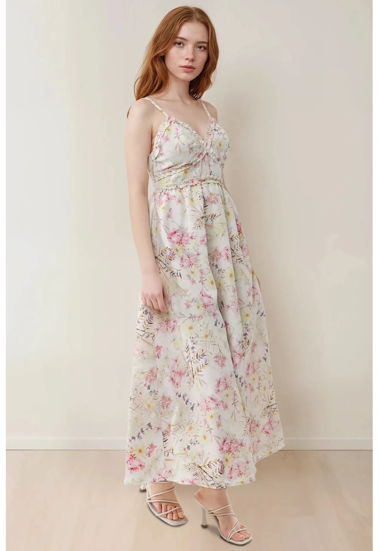Rochie maxi  imprimeu floral - decolteu in V - bumbac - multicolor