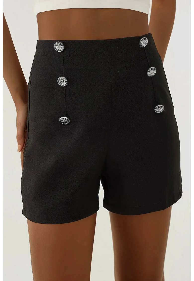 Pantaloni scurti -  talie inalta - negri - poliester