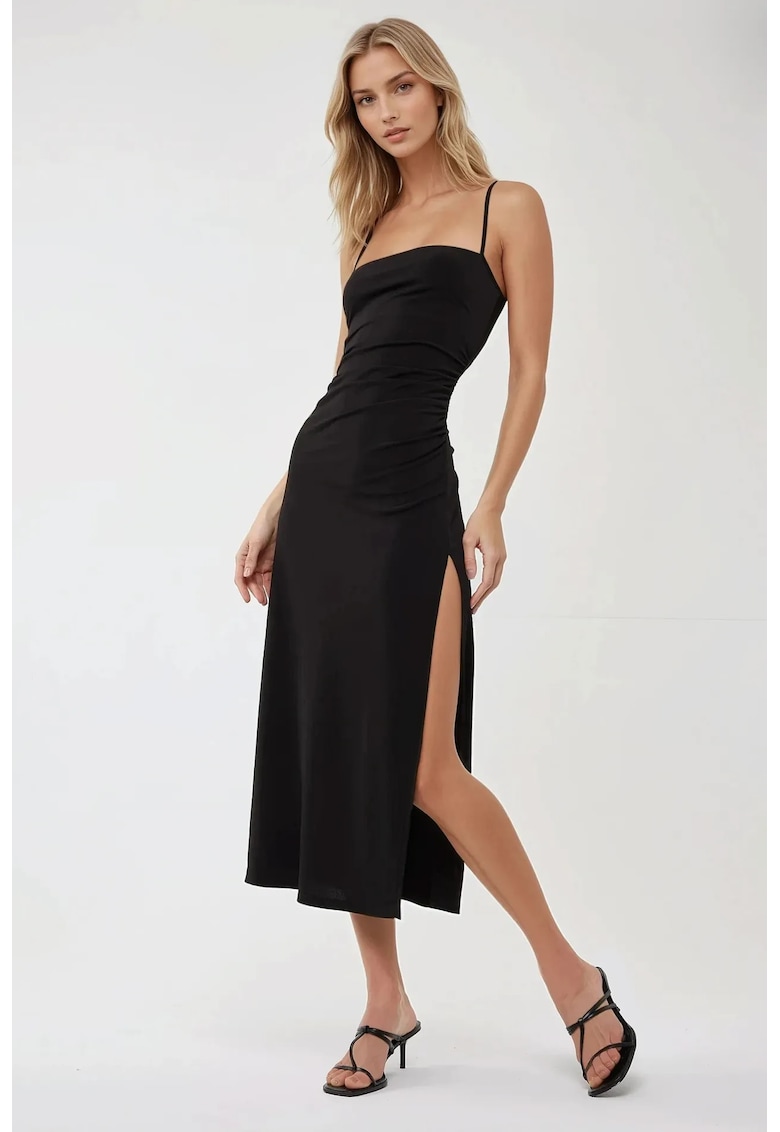 Rochie maxi -  crapatura laterala - guler inima - negru - jerseu