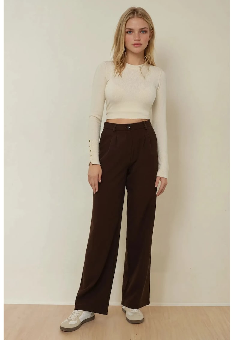 Pantaloni dama -  casual - croiala larga - maro - poliester-elastan