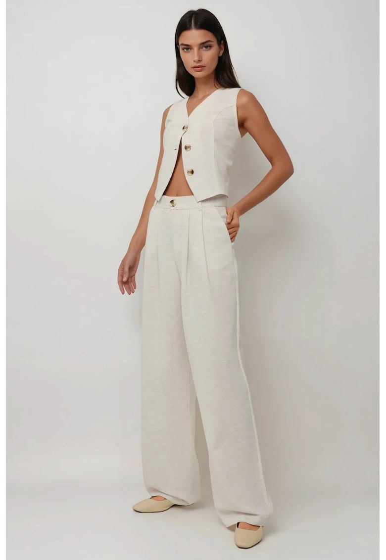 Pantaloni dama -  plisati - talie inalta - culoare natur - bumbac