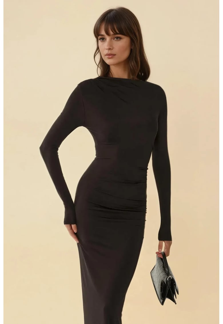 Rochie maxi  volane - guler rotund - negru - jerseu