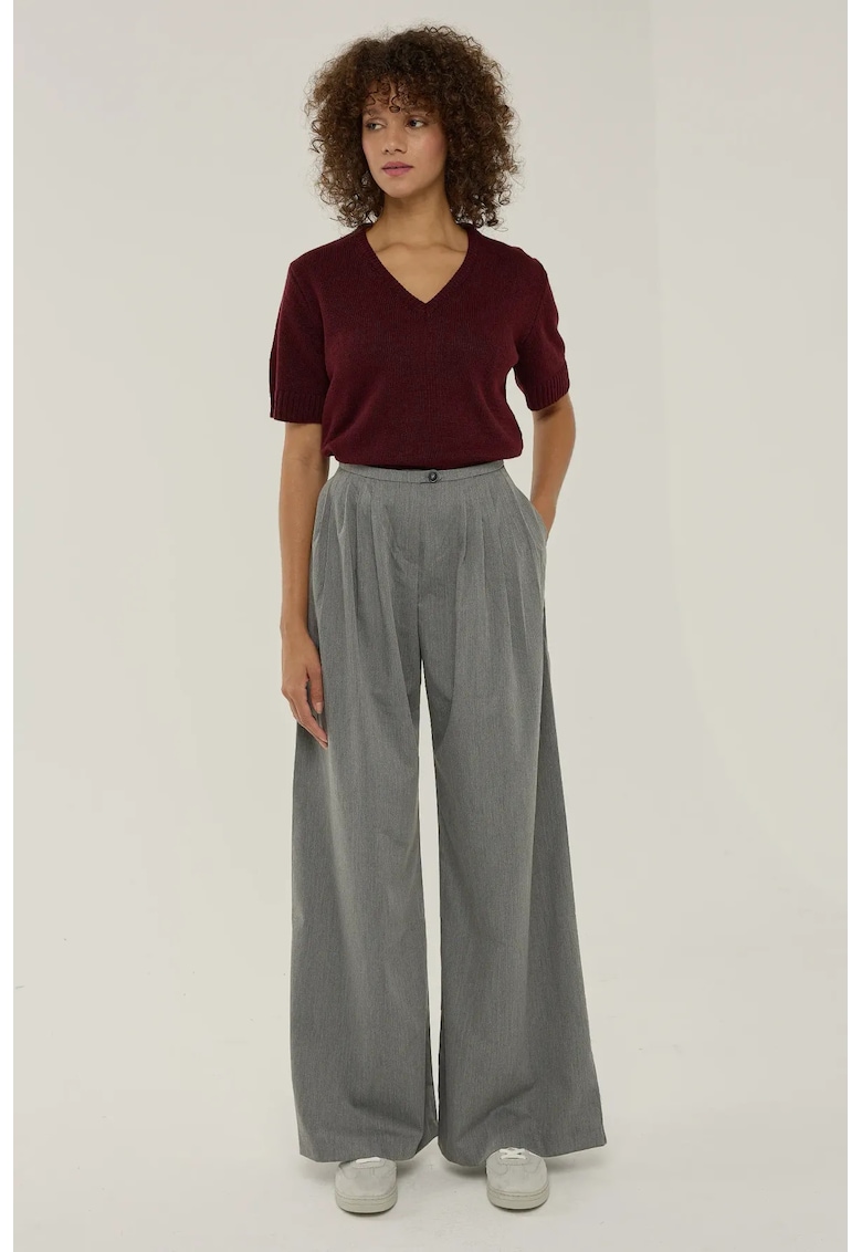 Pantaloni dama -  plisati - picior larg - gri - poliester-viscoza