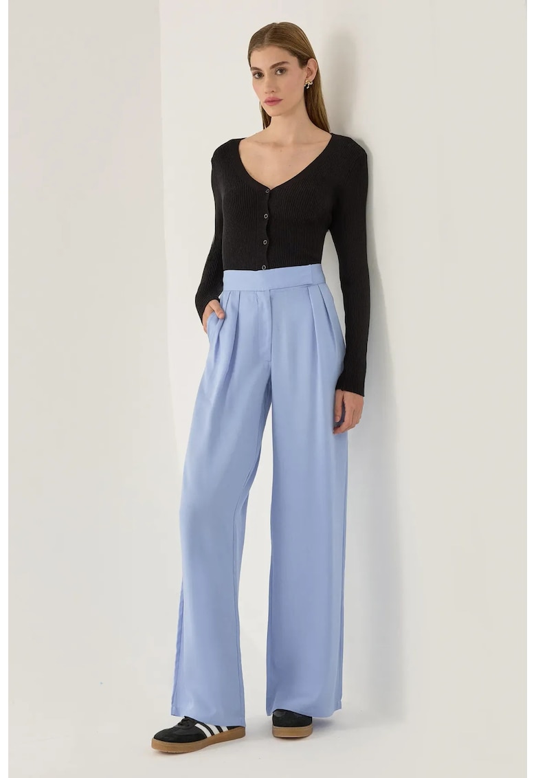 Pantaloni dama -  cu dantela - talie inalta - albastri - lyocell