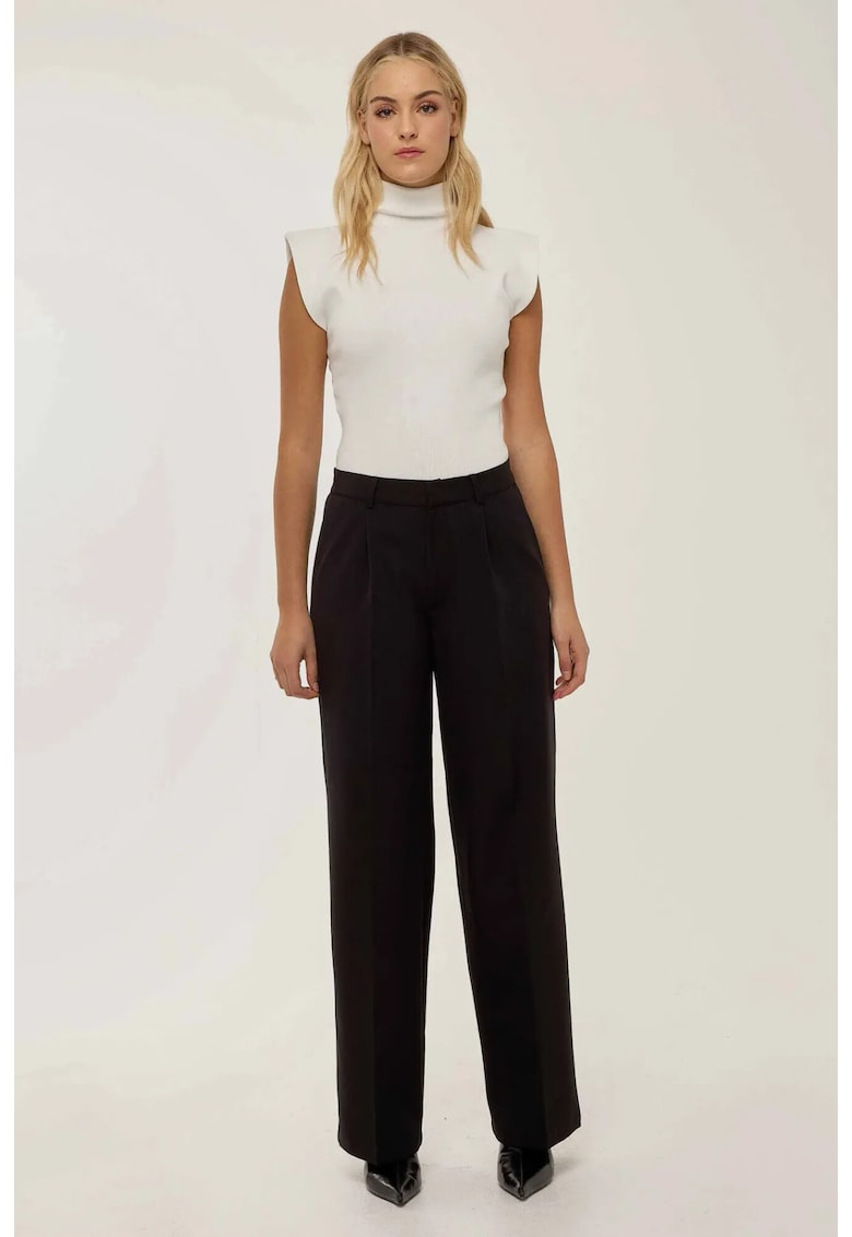 Pantaloni dama -  drepti plisati - negri - poliester-elastan
