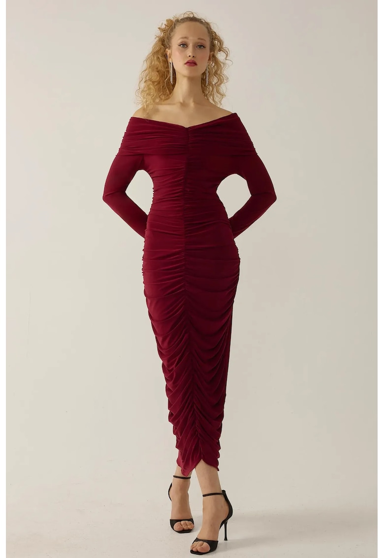 Rochie maxi mulata -  cu umeri goi - detalii cu volane - rosu - jerseu
