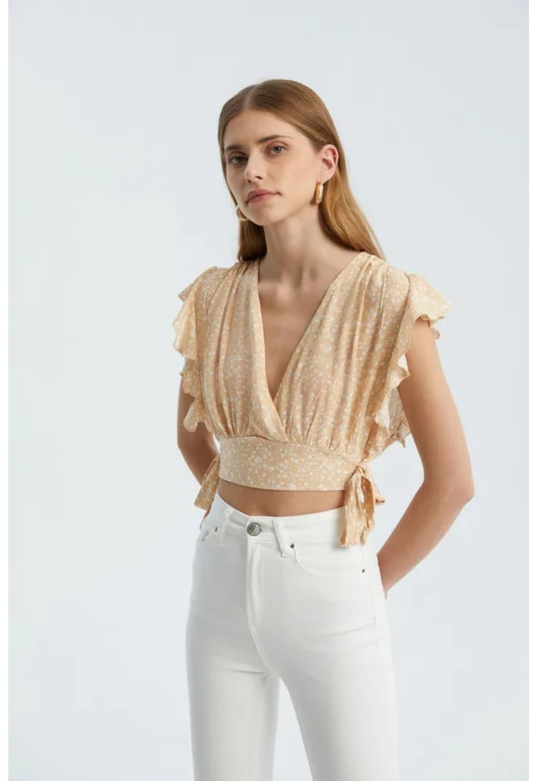 Top scurt -  decolteu in V - nod lateral - bej - textil