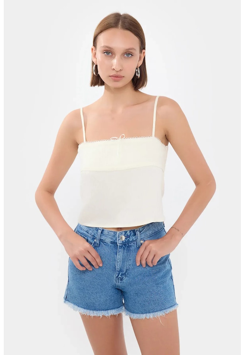 Top de pijama scurt -  cu dungi - guler patrat - alb - textil