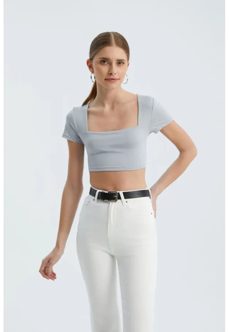 Top dama -  crop basic - decolteu patrat - gri - jerseu