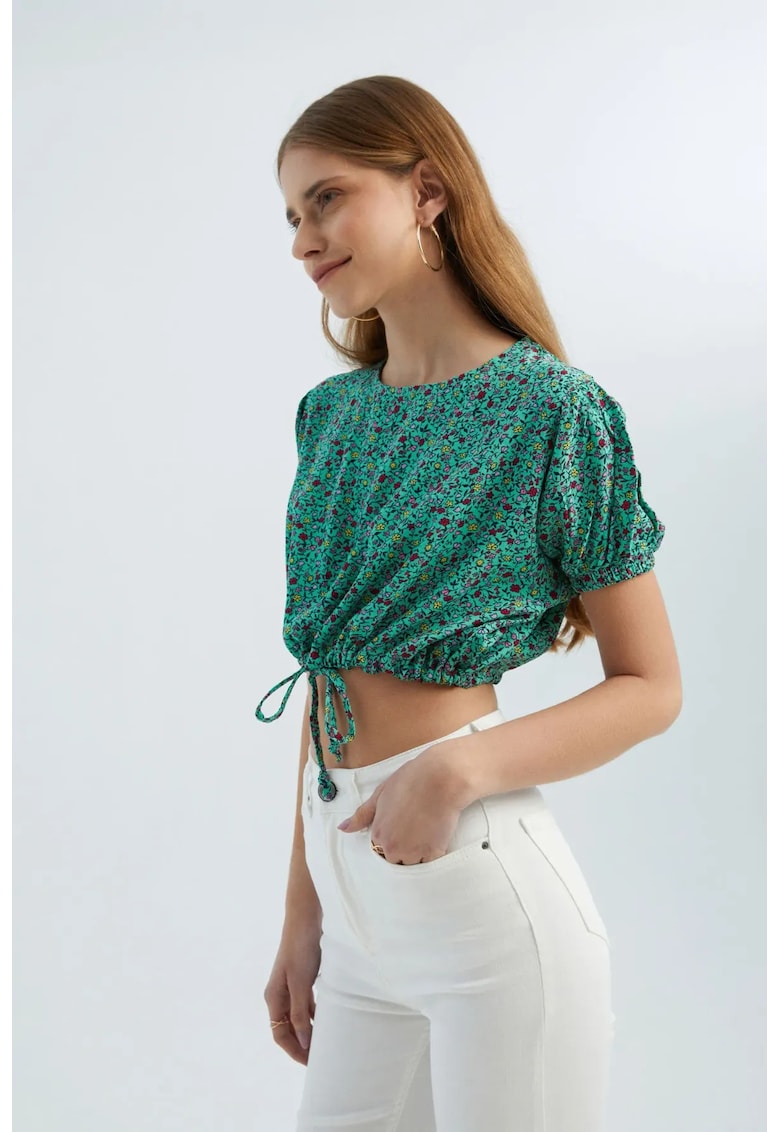 Top scurt  decolteu rotund - imprimeu floral - verde - textil