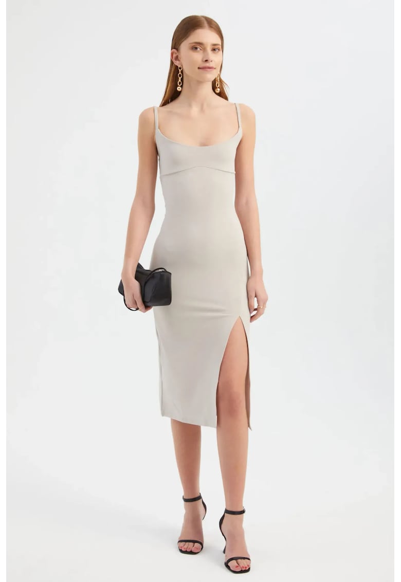 Rochie midi mulata -  decolteu rotund - bretele spaghetti - crapatura laterala - bej - jerseu