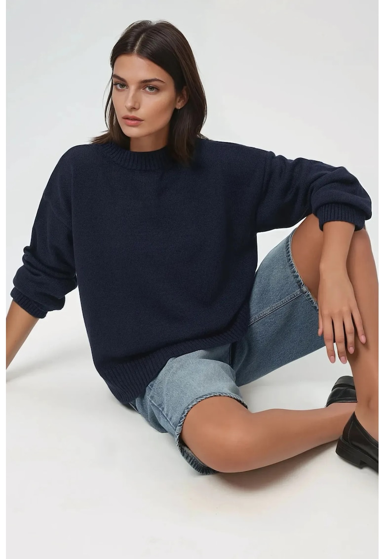 Pulover de dama  guler rotund - confortabil - albastru - tricot