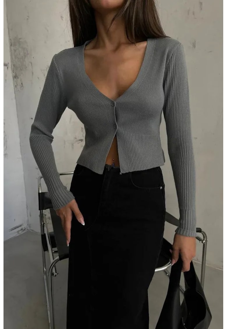 Pulover dama -  cardigan scurt - decolteu in V - gri - tricot