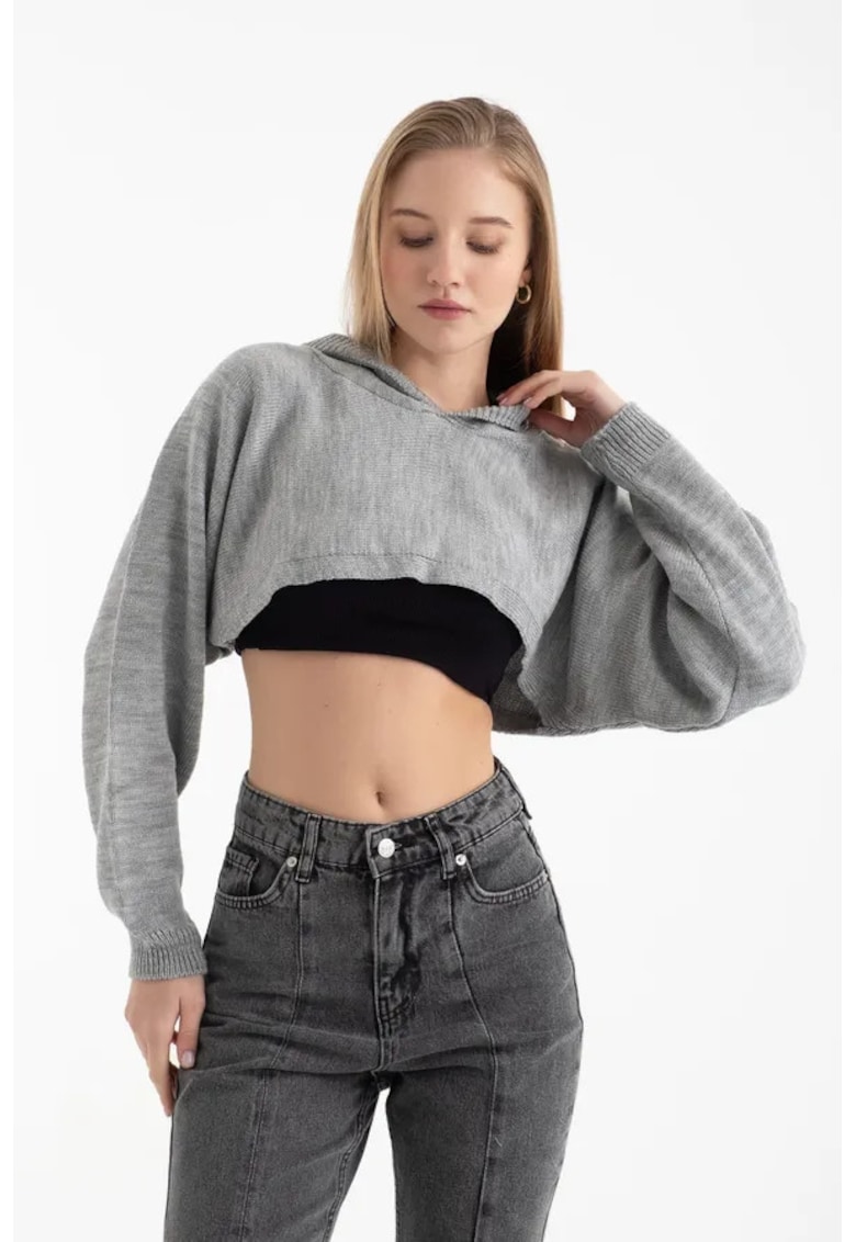 Pulover scurt cu gluga -  gri - tricot