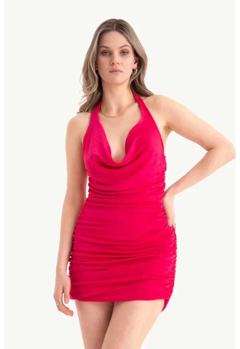 Rochie mini bodycon -  decolteu adanc - volane - rosie - jerseu