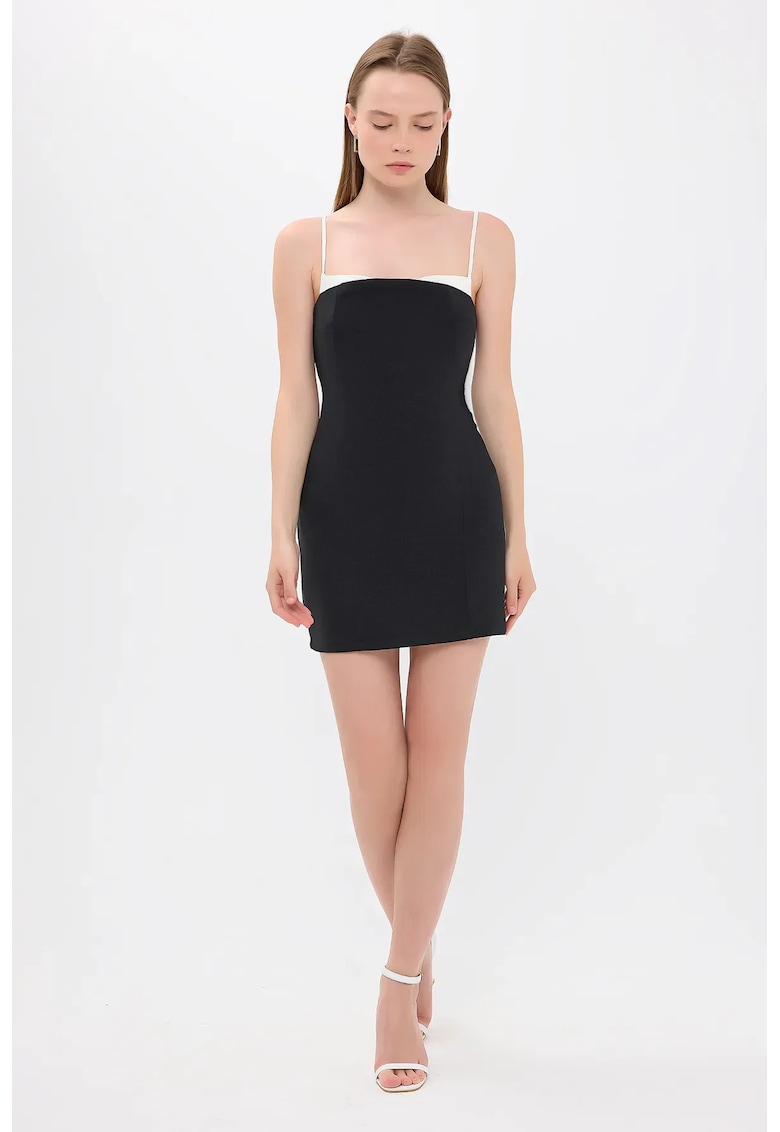Rochie mini -  bretele fine - detalii elegante - negru - textil
