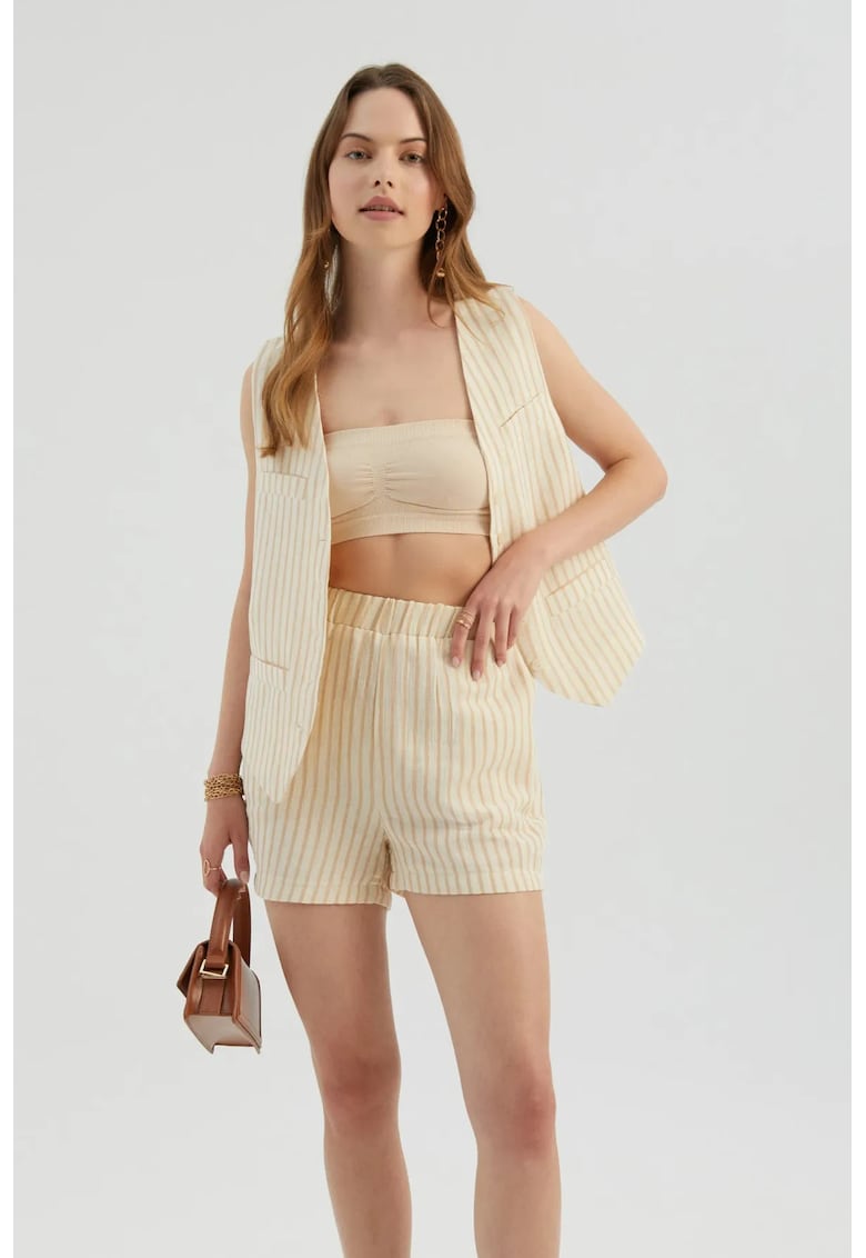 Pantaloni scurti dama -  cu talie inalta - dungi - maro - textil