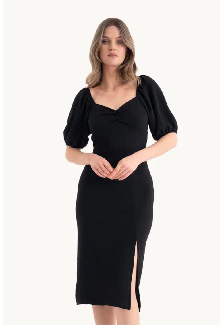 Rochie midi -  decolteu in forma de inima - crapatura laterala - negru - textil