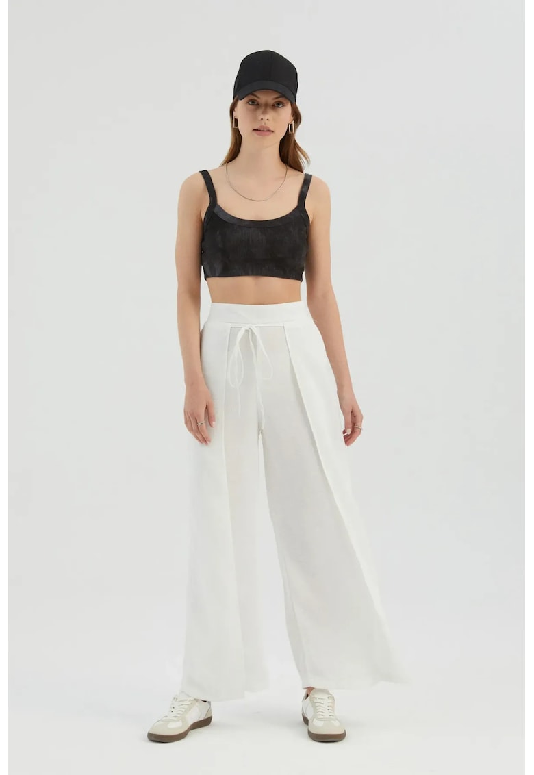 Pantaloni dama -  drepti cu talie inalta si legaturi in fata - alb - textil