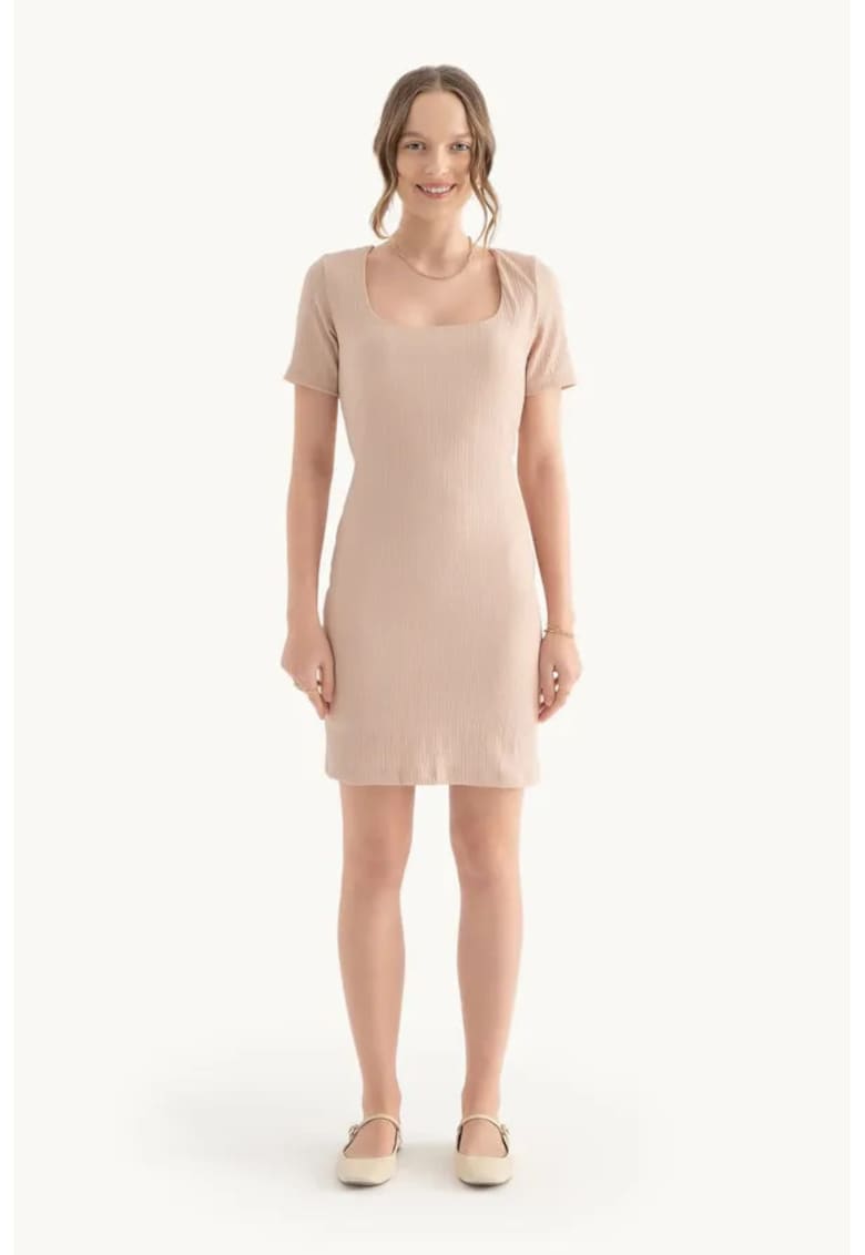 Rochie mini -  decolteu patrat - maneca scurta - bej - textil