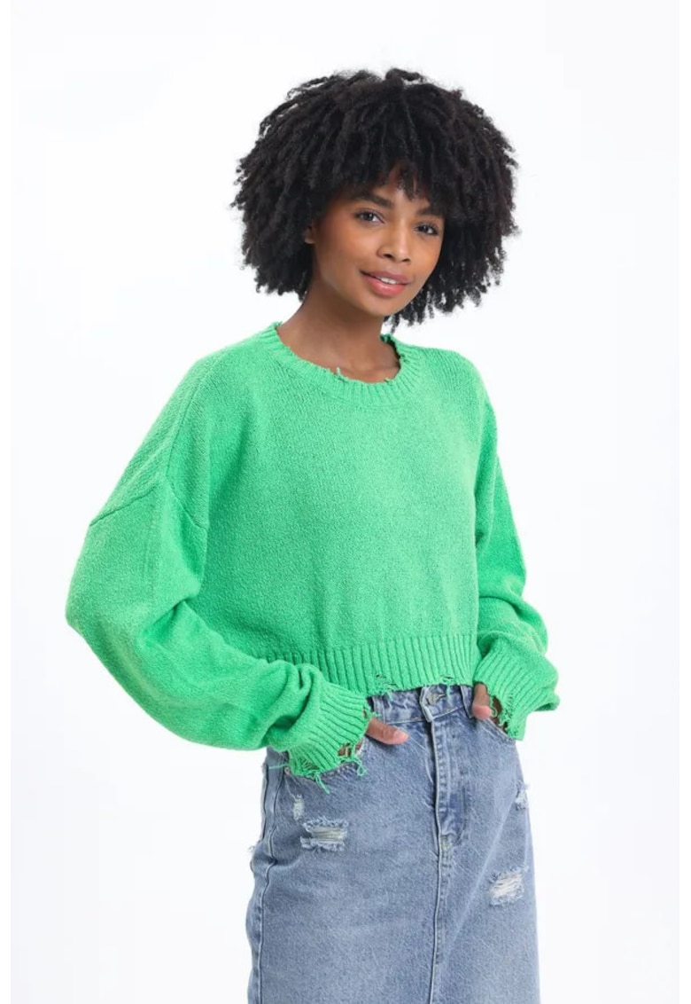 Pulover dama  scurt - cu guler rotund - rupt - tricot - Verde lime -