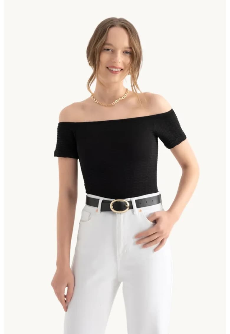 Bluza dama -  top scurt - maneci scurte - umeri goi - negru - textil